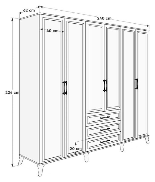 Dulap Haine Adore Country, 6 usi cu 3 sertare, Alb, 240x224x62 cm