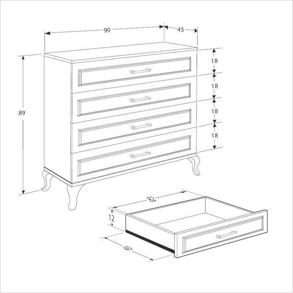 Comoda Adore Country, 4 sertare, Alb, 90x89x45 cm