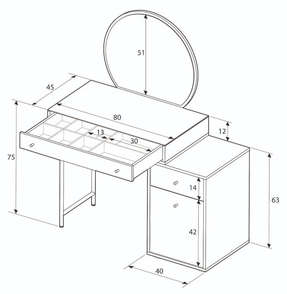 Masa de machiaj Adore Dior, 3 sertare cu oglinda, Crem, 108x130x47 cm