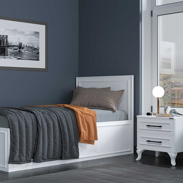Pat de o persoana Adore Country cu loc de depozitare, Alb, 105x105x205 cm