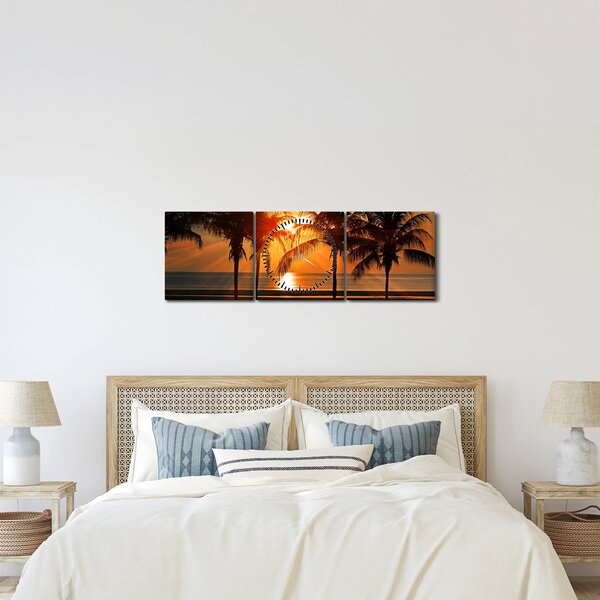 Tablou cu palmier în apus de soare (cu ceas) (90x30 cm)