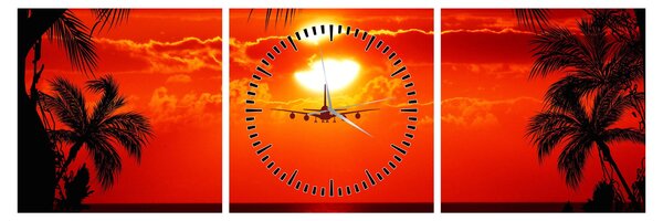 Tablou - apus de soare cu avion (cu ceas) (90x30 cm)