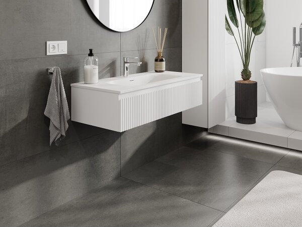 Mexen Rivel, mobilier baie 100 cm cu lavoar Vela, 1 sertar, canelat, alb mat, 91A20-10023-1-BF01-W23M01