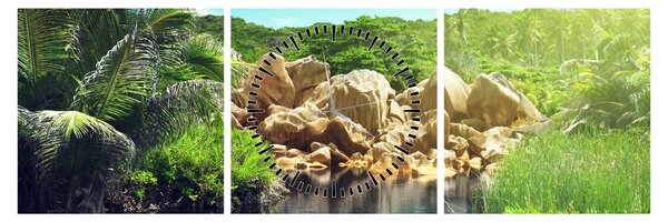 Tablou cu lac în jungla din Seychelles (cu ceas) (90x30 cm)