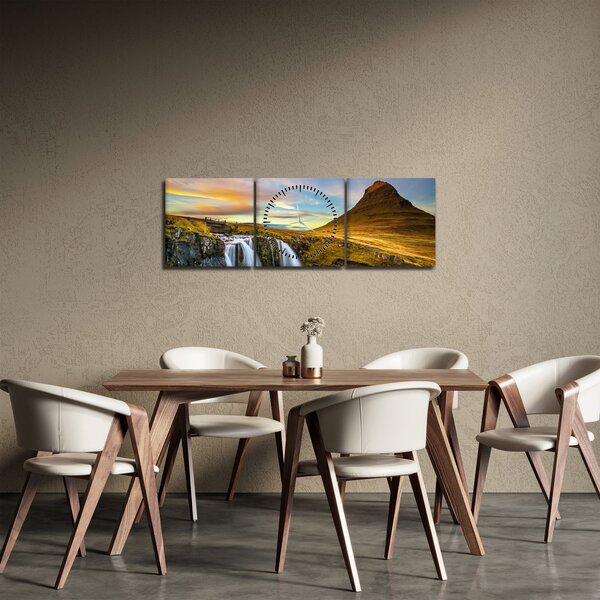 Tablou cu munții și cascade pe Islanda (cu ceas) (90x30 cm)
