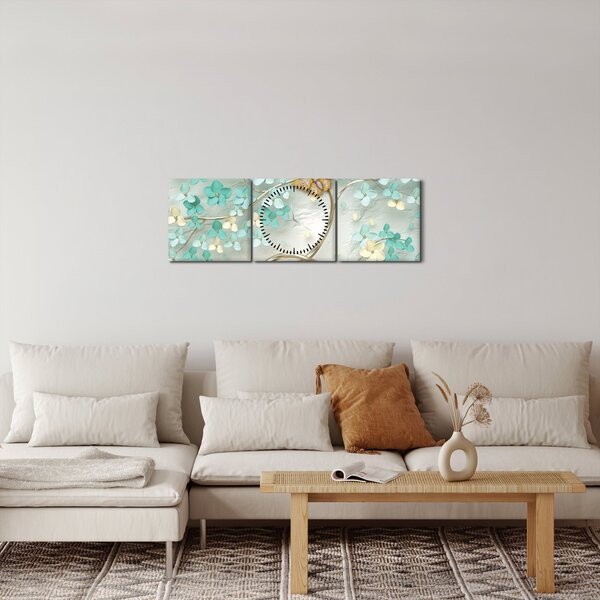 Tablou cu flori și fluturi (cu ceas) (90x30 cm)