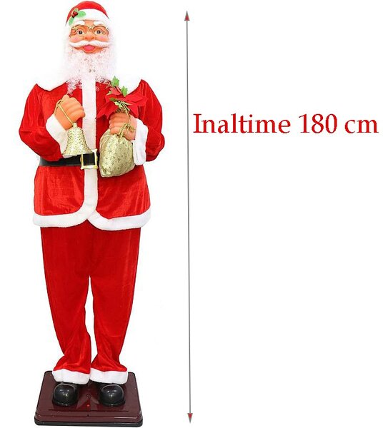 Figurina Mos Craciun 180 cm, cu clopot si saculet, canta si danseaza pe muzica, senzor de sunet