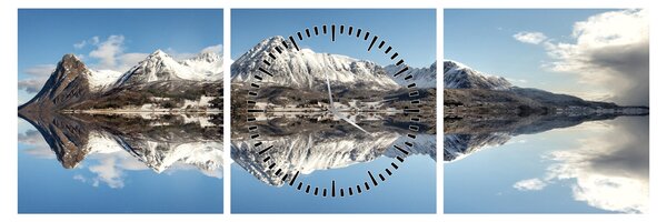 Tablou cu munți și reflectarea lor (cu ceas) (90x30 cm)