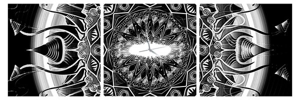 Tablou cu ornamente alb negre (cu ceas) (90x30 cm)
