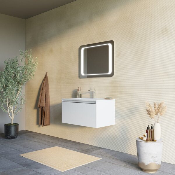 Mobilier Baie Suspendat, 80cm, Alb Mat, Cu Oglindă Led 60x80 | Monaco