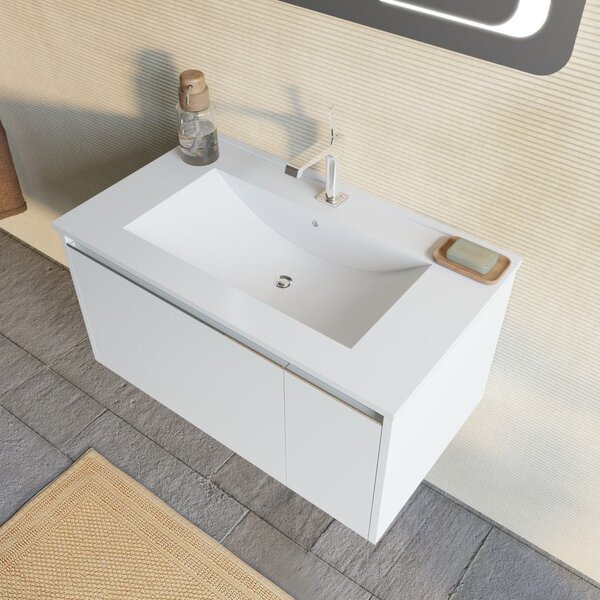 Mobilier Baie Suspendat, 80cm, Alb Mat, Cu Oglindă Led 60x80 | Monaco