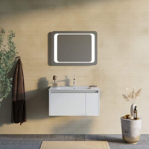Mobilier Baie Suspendat, 80cm, Alb Mat, Cu Oglindă Led 60x80 | Monaco