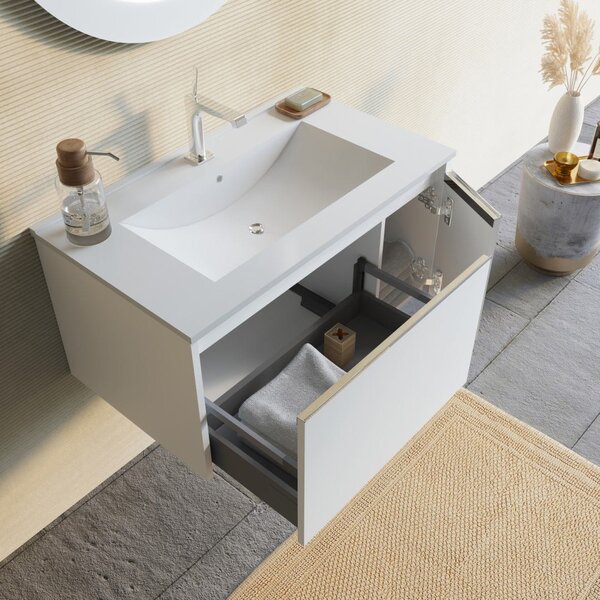 Mobilier Baie Suspendat, 80cm, Alb Mat și Oglindă Rotundă Cu Led | Monaco