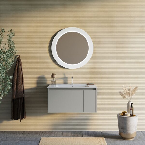 Mobilier Baie, 80 Cm, Bej Mat Cu Oglindă Rotundă Iluminată Cu Led | Monaco