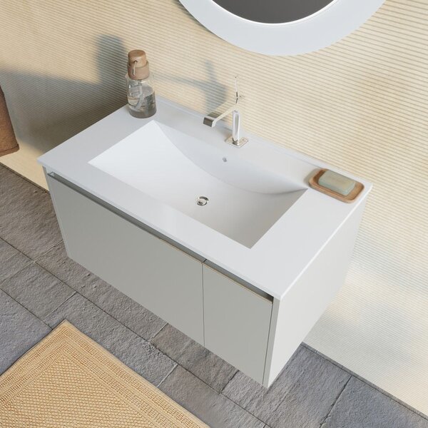 Mobilier Baie, 80 Cm, Bej Mat Cu Oglindă Rotundă Iluminată Cu Led | Monaco