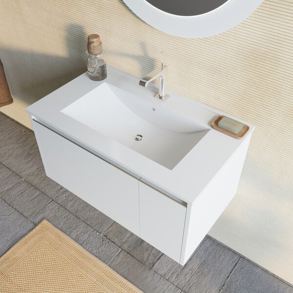 Mobilier Baie Suspendat, 80cm, Alb Mat și Oglindă Rotundă Cu Led | Monaco