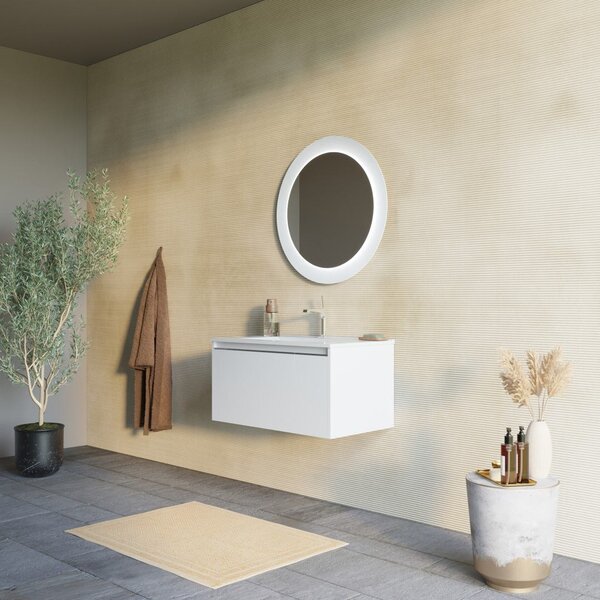 Mobilier Baie Suspendat, 80cm, Alb Mat și Oglindă Rotundă Cu Led | Monaco