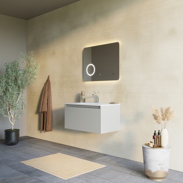 Mobilier Baie, 80cm, Bej Mat și Oglindă Led Cu Ceas Digital | Monaco