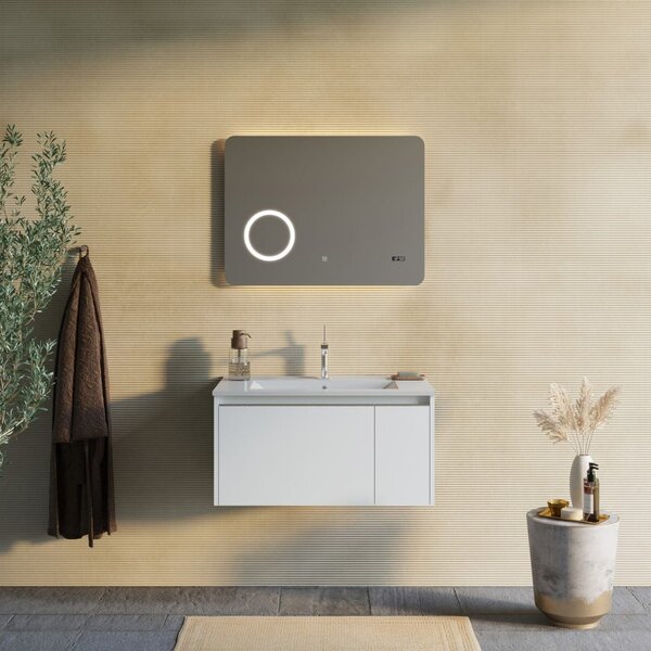 Mobilier Baie Suspendat 80cm Alb Mat Oglindă Led 80x60, Cu Touch | Monaco
