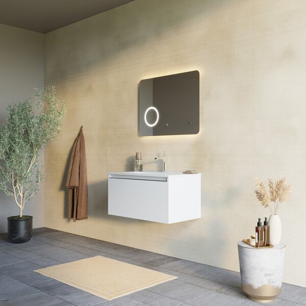 Mobilier Baie Suspendat 80cm Alb Mat Oglindă Led 80x60, Cu Touch | Monaco