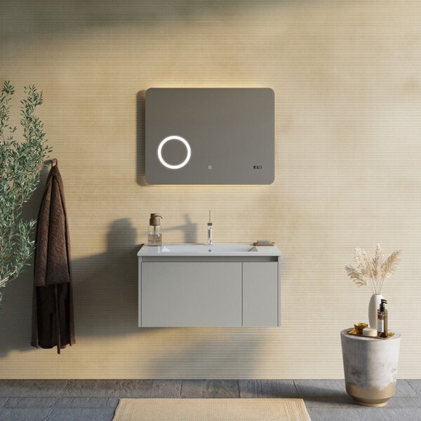 Mobilier Baie, 80cm, Bej Mat și Oglindă Led Cu Ceas Digital | Monaco
