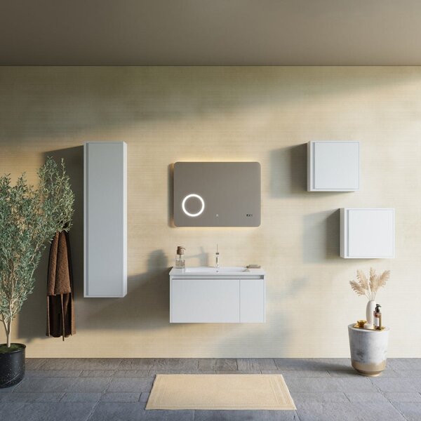 Mobilier Baie Suspendat 80cm Alb Mat Oglindă Led 80x60, Cu Touch | Monaco