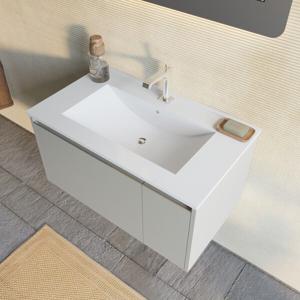 Mobilier Baie, 80cm, Bej Mat și Oglindă Led Cu Ceas Digital | Monaco