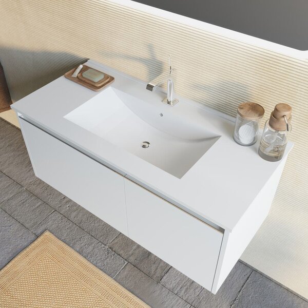 Mobilier Baie Suspendat, 100cm, Alb Mat, Oglindă Led 100x70 | Monaco
