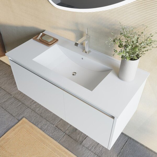 Mobilier Baie Alb Mat, 100 Cm, Lavoar și Oglindă Triunghiulară | Monaco