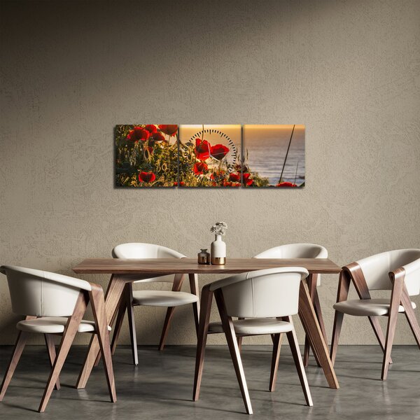 Tablou cu apus de soare cu flori de maci (cu ceas) (90x30 cm)