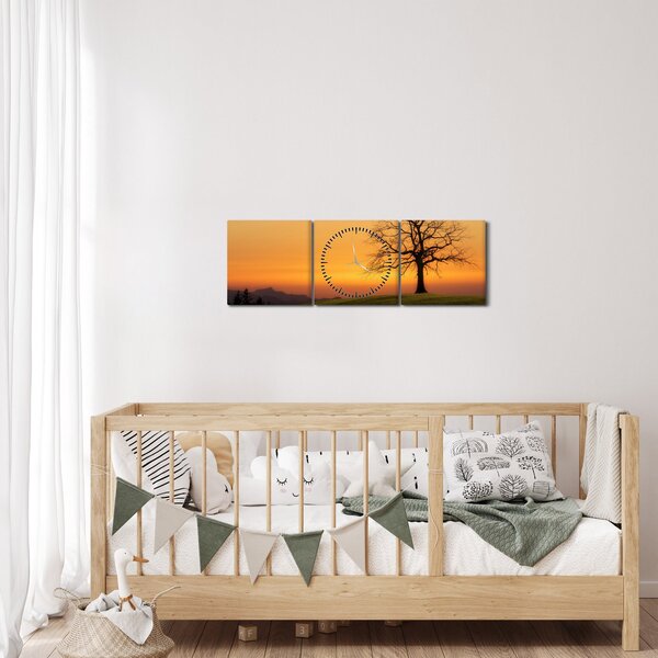 Tablou cu apus de soare pe o luncă (cu ceas) (90x30 cm)
