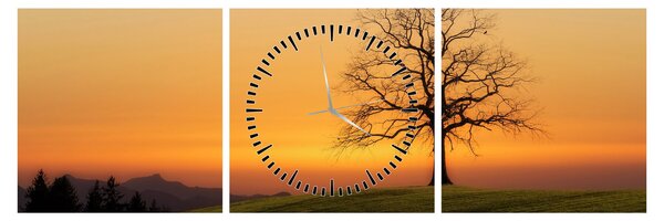 Tablou cu apus de soare pe o luncă (cu ceas) (90x30 cm)