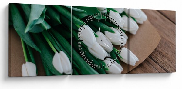 Tablou cu buchet de lalele albe (cu ceas) (90x30 cm)