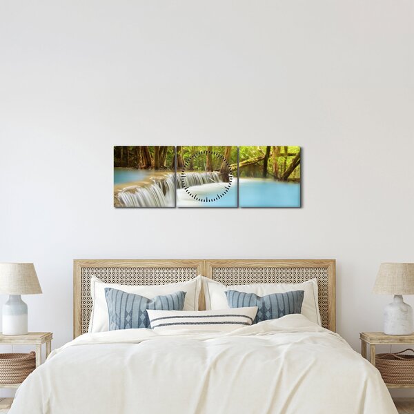 Tablou cu cascada Huai Mae Kamin în pădure (cu ceas) (90x30 cm)