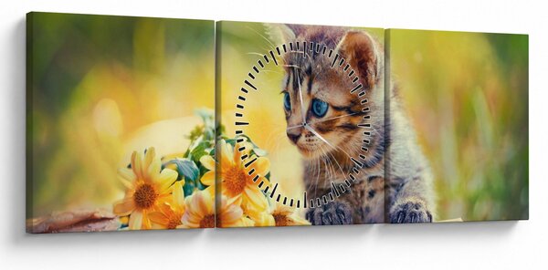 Tablou cu pisicuța uitându-se la floare (cu ceas) (90x30 cm)