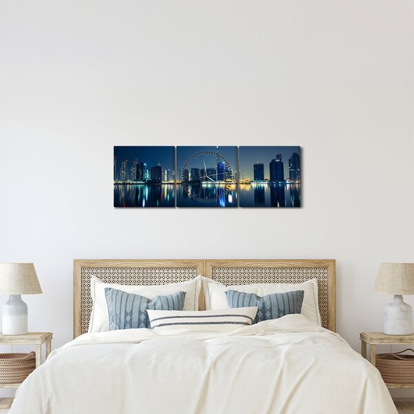 Tablou cu orașul nocturn (cu ceas) (90x30 cm)