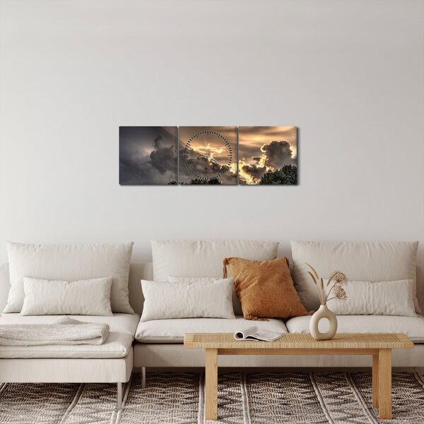 Tablou cu nori și pădure (cu ceas) (90x30 cm)