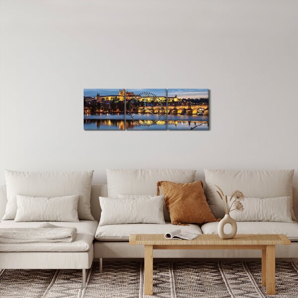 Tablou cu palatul din Praga și podul lui Carol (cu ceas) (90x30 cm)