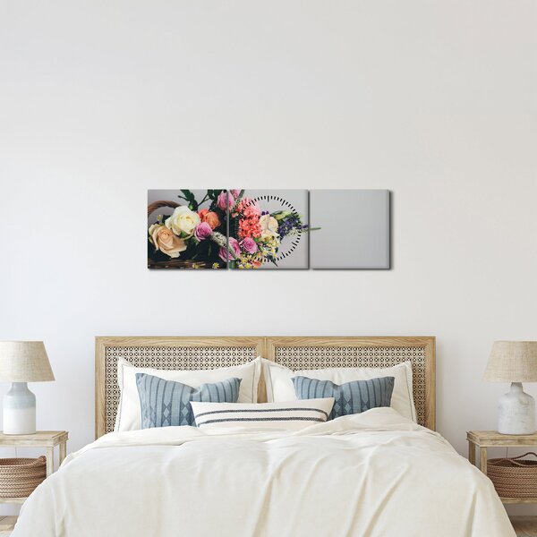 Tablou cu coș și flori (cu ceas) (90x30 cm)