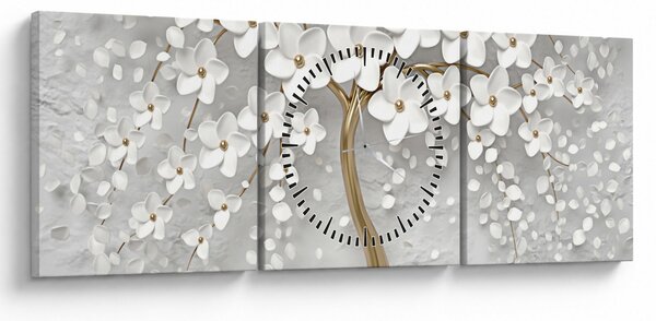 Tablou cu copac alb cu flori (cu ceas) (90x30 cm)