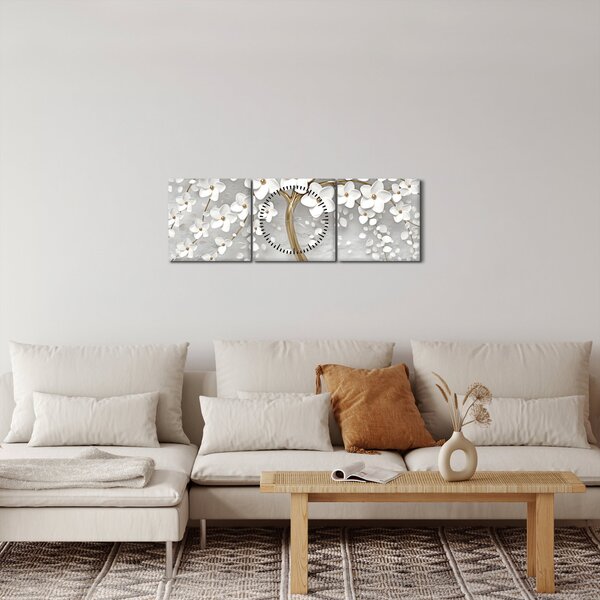 Tablou cu copac alb cu flori (cu ceas) (90x30 cm)