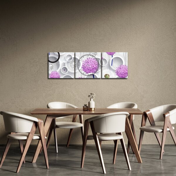 Tablou cu abstracție 3D cu cercuri și flori (cu ceas) (90x30 cm)