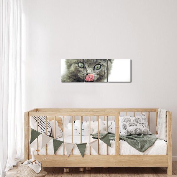Tablou cu pisicuța lingându-se (cu ceas) (90x30 cm)