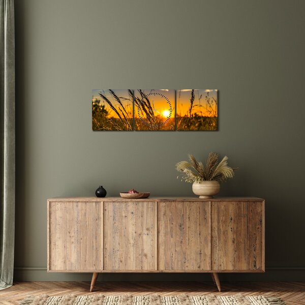 Tablou cu câmp în apus de soare (cu ceas) (90x30 cm)