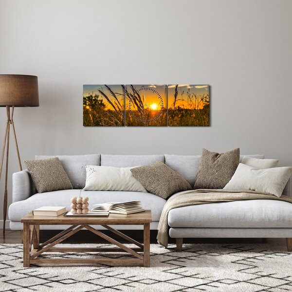 Tablou cu câmp în apus de soare (cu ceas) (90x30 cm)
