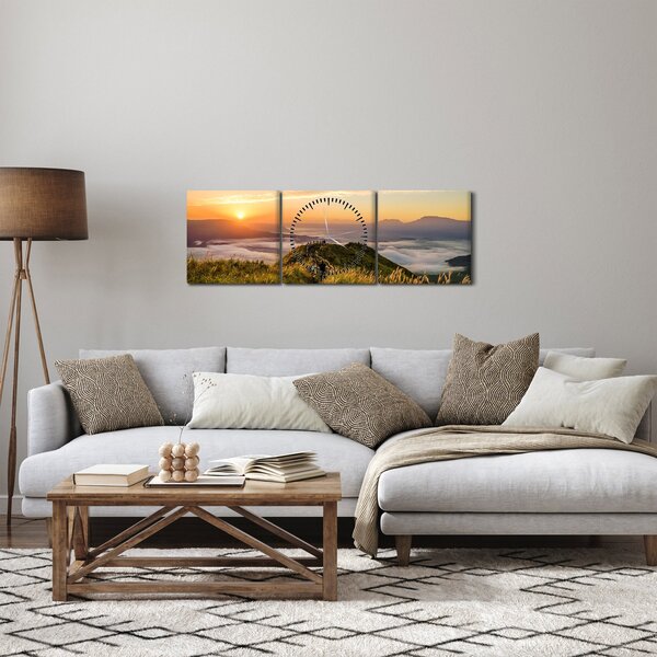 Tablou cu munți în apus de soare (cu ceas) (90x30 cm)