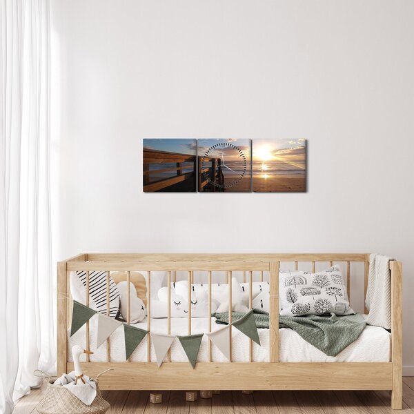 Tablou cu dig, plajă și mare (cu ceas) (90x30 cm)