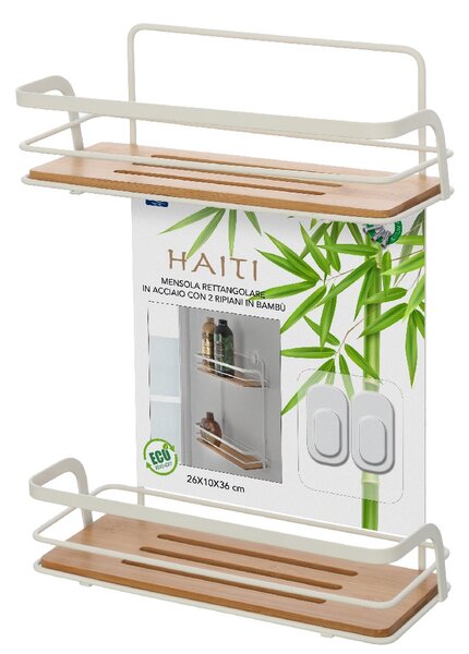 Etajera baie, Haiti, din metal si bambus, 2 rafturi, alb