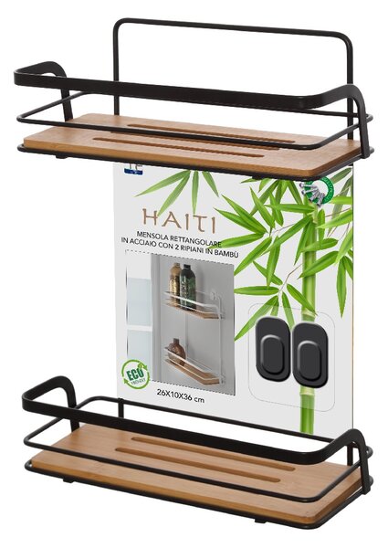 Etajera baie, Haiti, din metal si bambus, 2 rafturi, negru