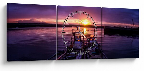 Tablou cu barci pescărești în port (cu ceas) (90x30 cm)